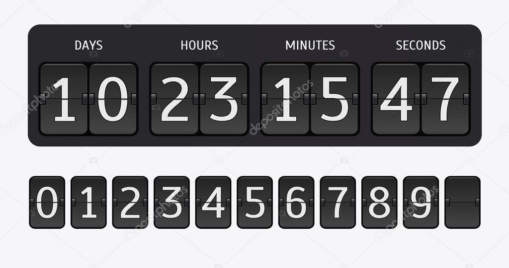 Flip countdown timer. Vector time remaining count down flip board with scoreboard of day, hour, minutes and seconds