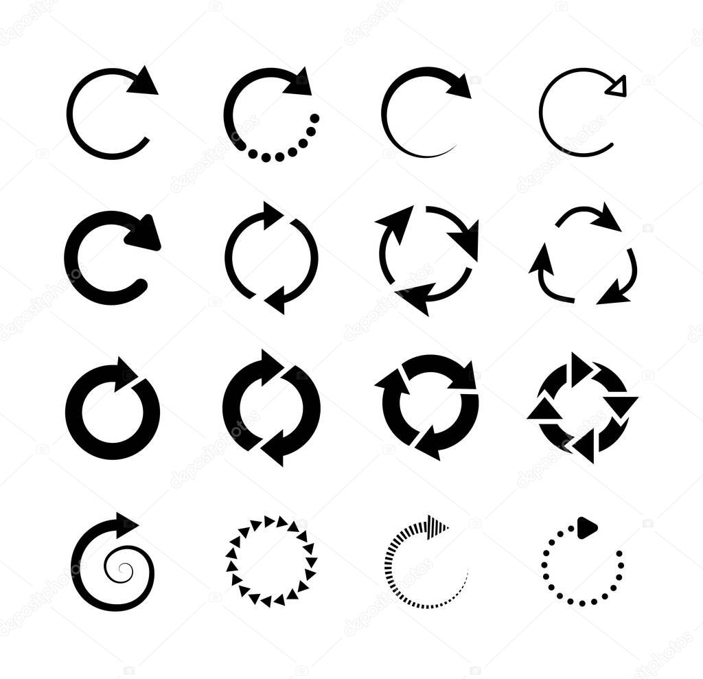 Set of circle arrows. Circled cursor web recycling progress buttons vector isolated icons. Round arrow refresh reload rotation loop sign set. Simple web icon on white background