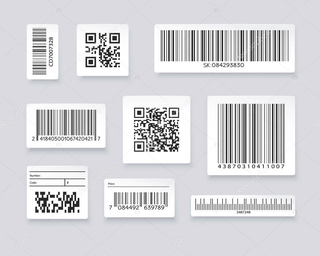 QR codes and barcode labels. Supermarket scan code bars, industrial barcode labels. Barcode label for scan, bar code sticker, vector illustration