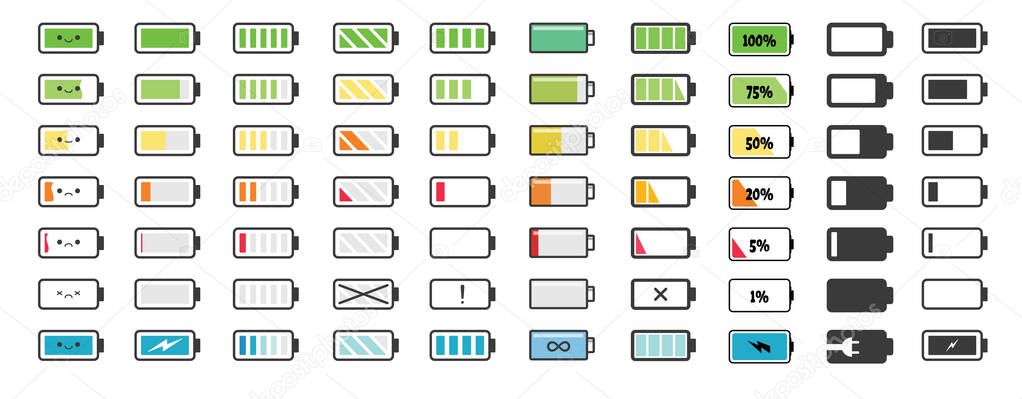 Battery charge indicator icons. Indicator of charging empty batteries and low battery power icon. Icons set for design of the interface of smartphone, tablet and other devices. Vector illustration