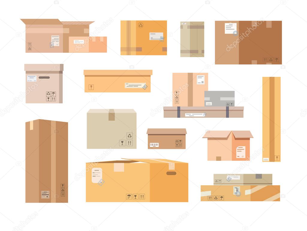 Cardboard boxes. Closed and open post boxes set. Vector illustration in flat style.