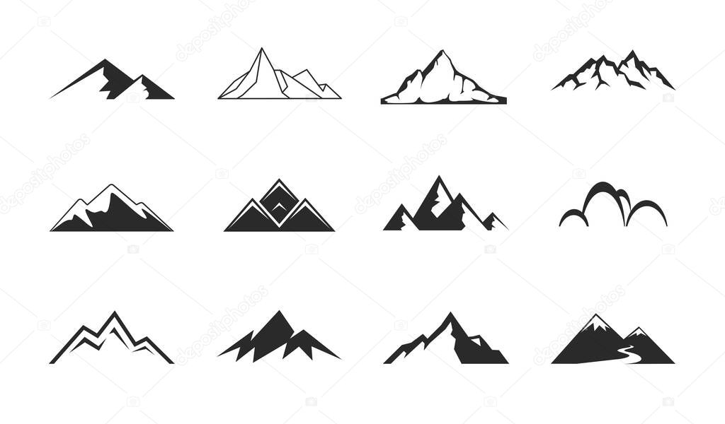 Mountains, rocks and peaks. Tibet or Alps peaks. Mountaineer hiking vector icons set