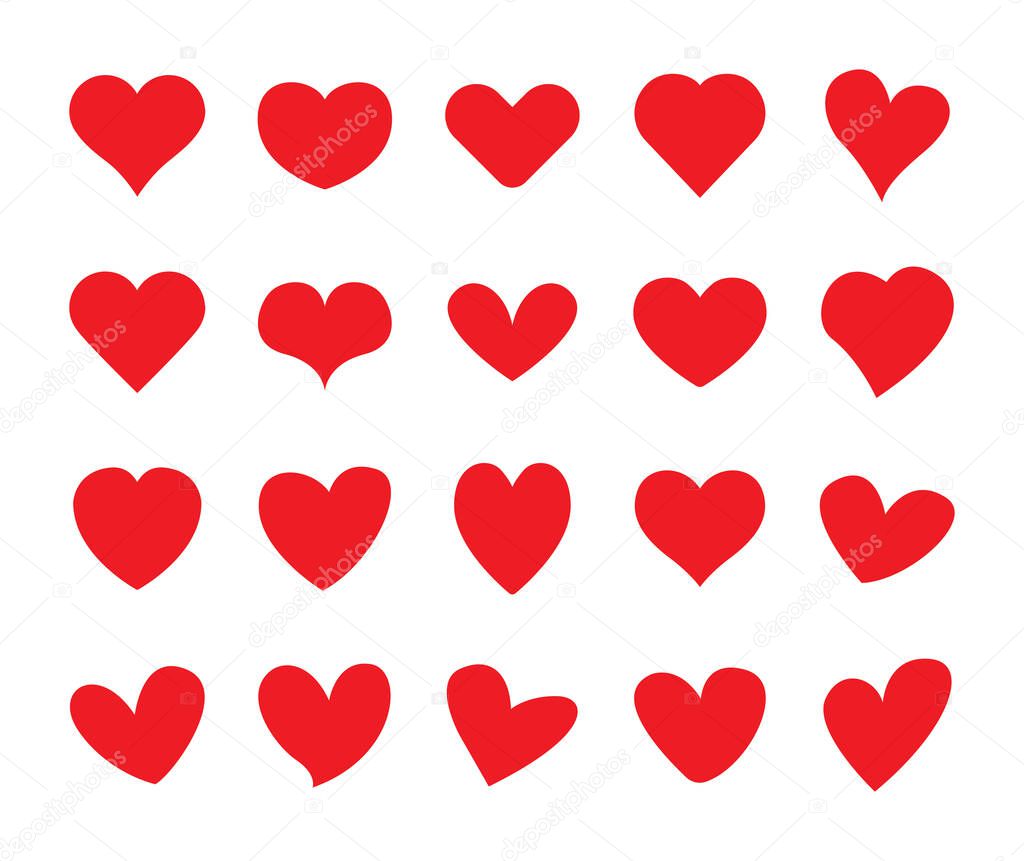 Love heart icon. Flat red heart silhouettes vector isolated on white background