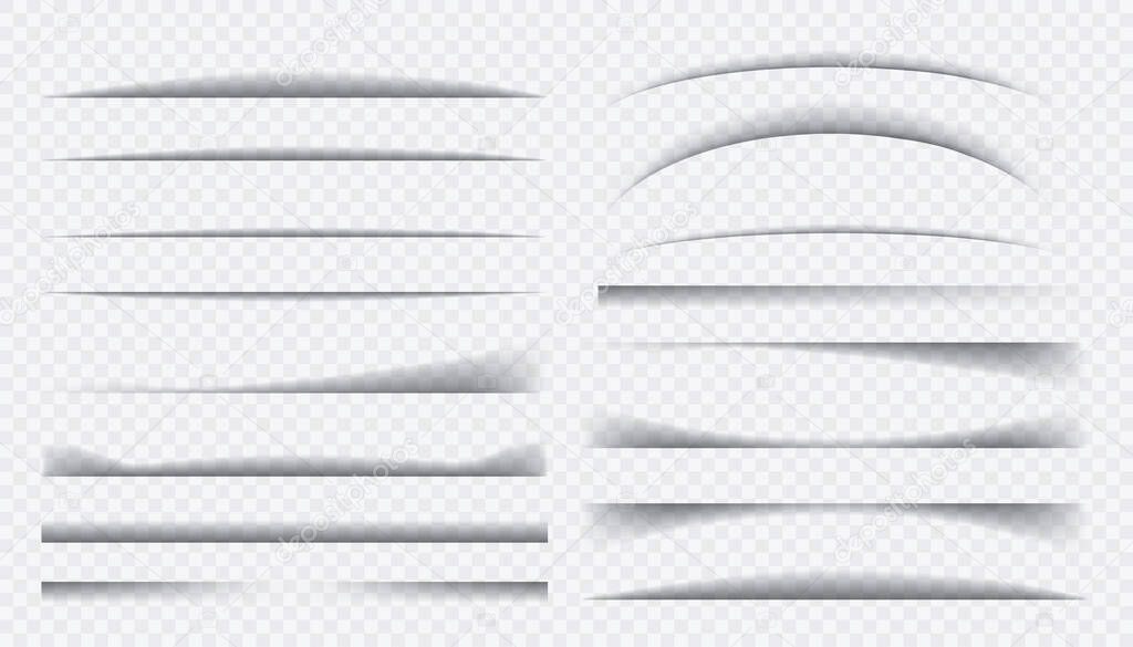 Set of black shadow. Paper divider tabs web lines break frame realistic transparent shadows