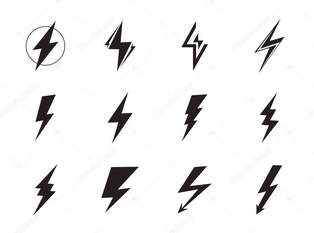 Lightning vector set. Voltage, electricity and power signs or thunder, flash light, power electric thunderbolt isolated on white background.