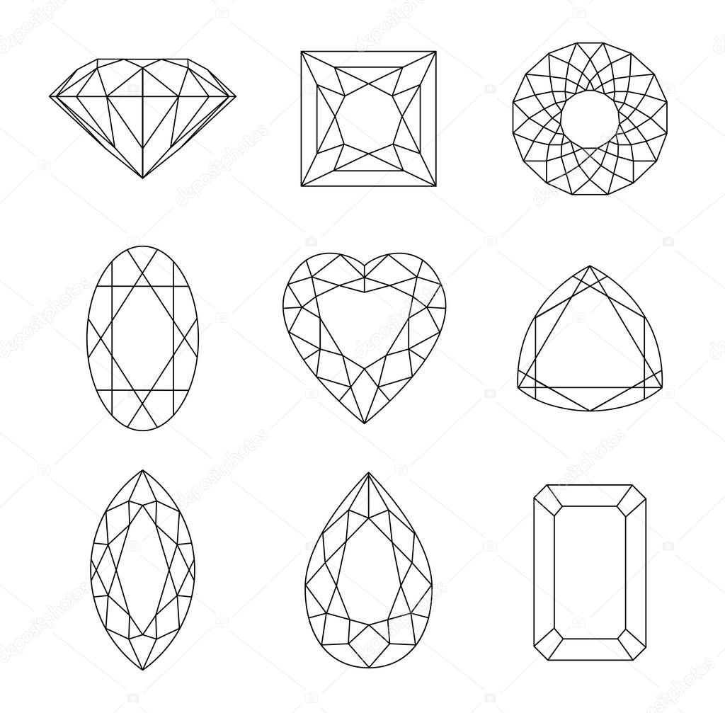 Gem stones line icons. Diamonds gems, luxury jewel gemstones and precious gem. Vector set of diamond design elements