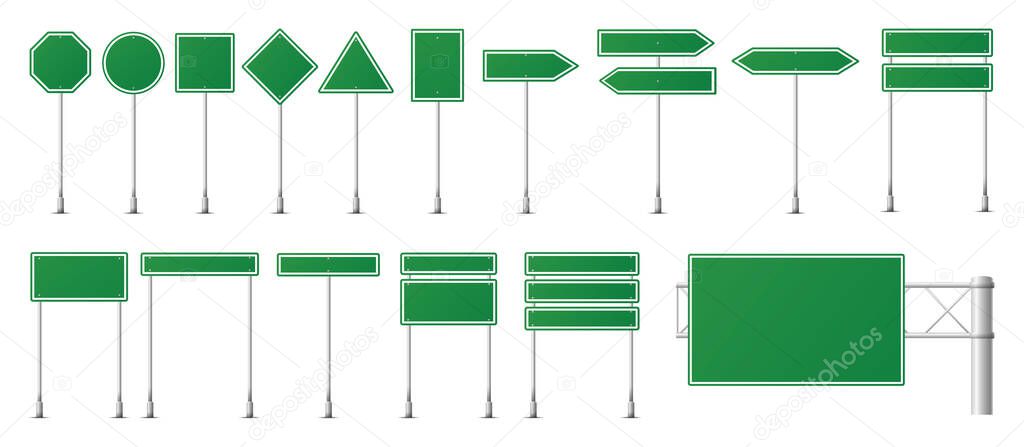 Set of green road signs. Blank traffic road, empty, warning, caution, attention, stop, safety shape danger Vector illustration