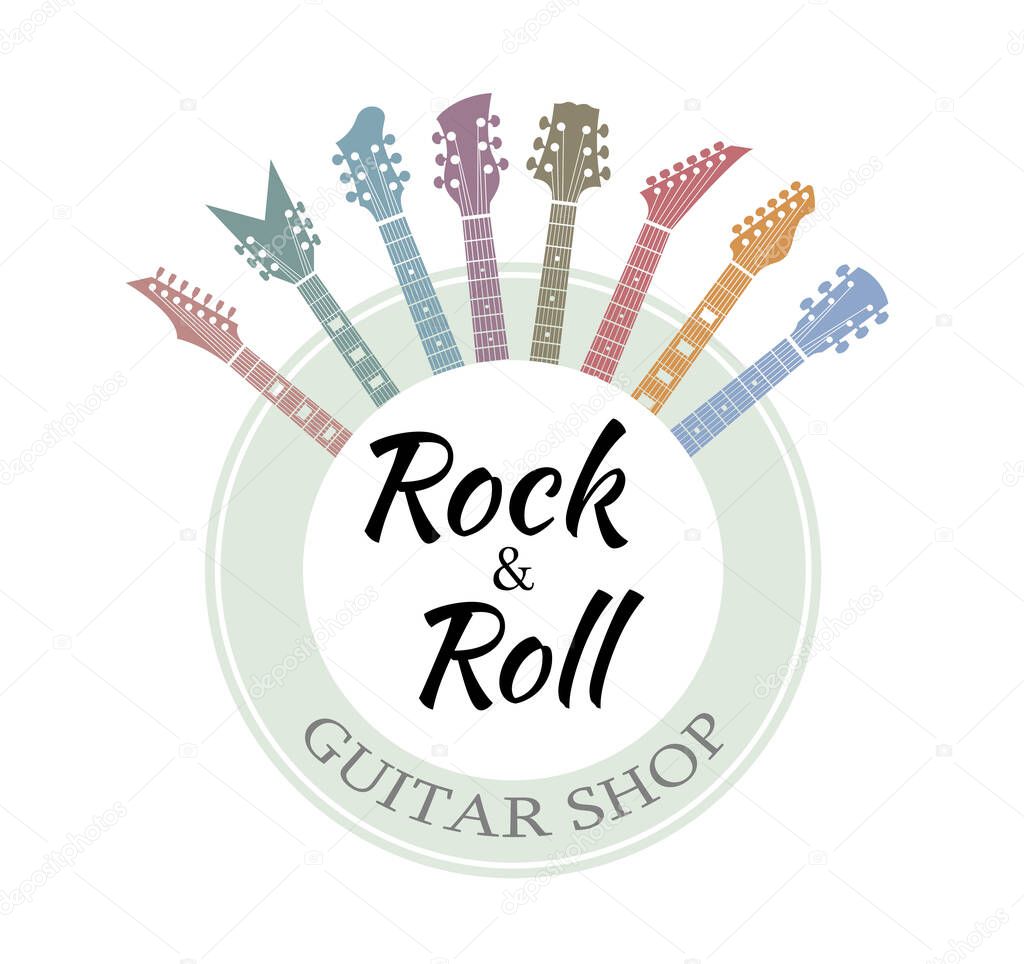 Guitar shop logo. Flat musical instrument, minimal abstract music symbols vector
