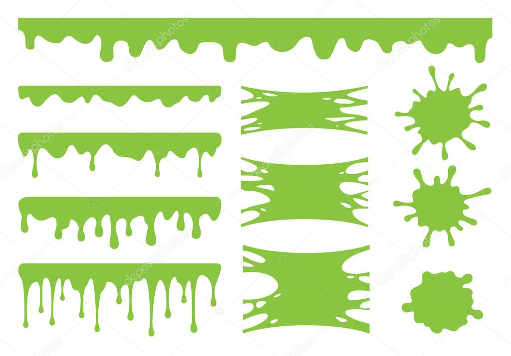 Slime vector set. Green dirt splat, goo dripping splodges of slime. Collection of blots, splashes and smudges isolated on white background