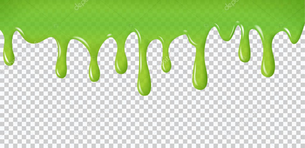 Realistic dripping slime. Green paint drips and flowing. Radioactive splashes liquid and blobs for halloween design isolated on transparent background, vector illustration