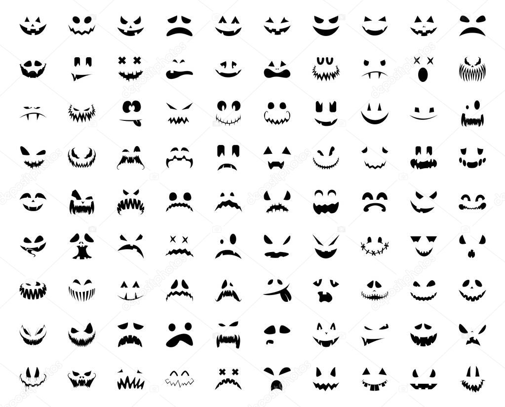 Halloween pumpkin faces icons set. Big set of scary pumpkin smile. Template for Halloween greeting card poster, brochure or flyer. Vector illustration
