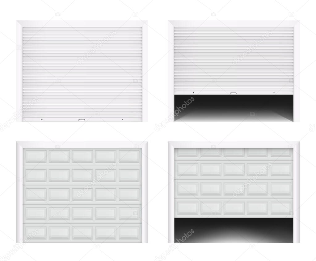 Roller garage gate. Secure roller shutters protect system, contemporary gate vector set. Realistic composition with opening door