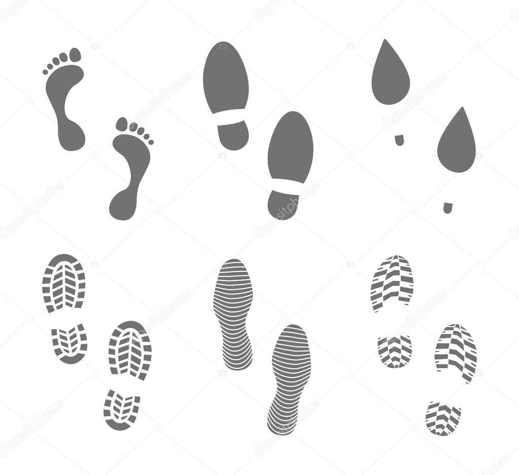 Footprints human shoes silhouette. Set of footprints and shoeprints icons in black showing bare feet and the imprint of the soles with the differing patterns. Vector illustration