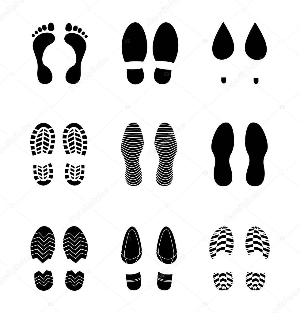 Human foot trace. Footprints human shoes silhouette, vector set, isolated on white background. Vector illustration