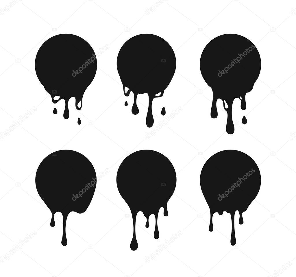 Dripping circle paint. Drip drops, round spots, splash shapes, ink paint leak or circle liquid black stains isolated collection. Vector illustration