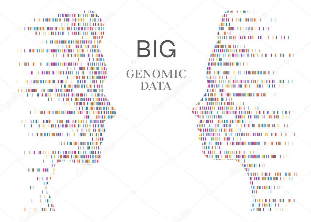 Dna test infographic. Big genomic data with people face. Genome sequence map. Vector illustration