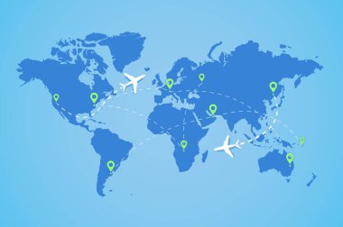 Uçaklı dünya haritası. Uçak uçakları hava taşımacılığı rotası Vektör illüstrasyonunda uçar