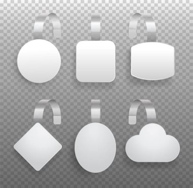 Wobbler şablonu. Süpermarket satış duyurusu için promosyon göstericisi gerçekçi bir tarzda çeşitli şekillerde sallanıyor. Vektör seti