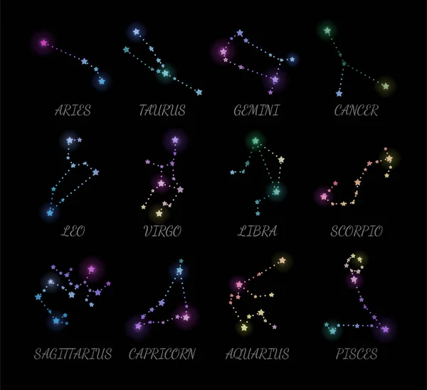 Błyszczące Konstelacje Znaków Zodiaku Paczka Ariuszy Taurus Gemini Rak Leo — Wektor stockowy
