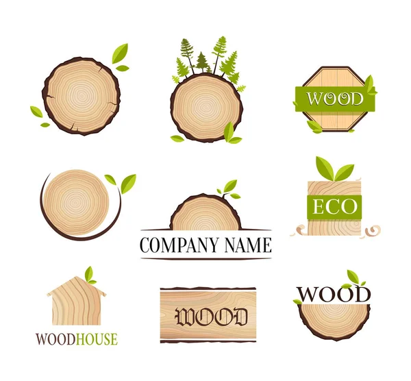 Etiquetas Eco Madera Logotipo Colección Pegatinas Con Hojas Verdes — Vector de stock