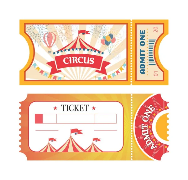 Circus ya da Lunapark 'a biletler. Düz panayır manzaralı kuponlar. Kırmızı kurdeleli sirk çadırı ve balonlu biletler.