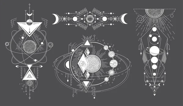 有恒星系统的空间主体鞑靼人 在黑色背景上的几何图形抽象魔法纹身向量集 发光体或乳突性塔图 深不可测的超自然神秘媒介图解 — 图库矢量图片