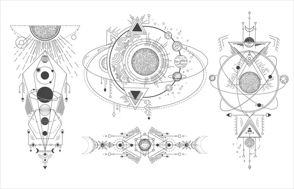 Wektorowy zestaw świętych symboli geometrycznych z księżycem, planetą i strzałkami odizolowanymi na białym tle. — Wektor stockowy