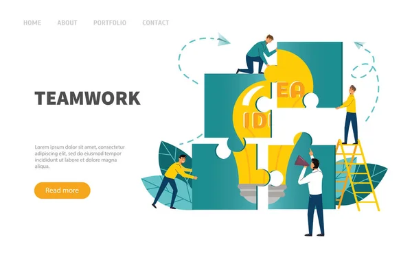 Teamwork concept. Banner people connecting puzzle elements.Vector illustration flat design style. — Stock Vector