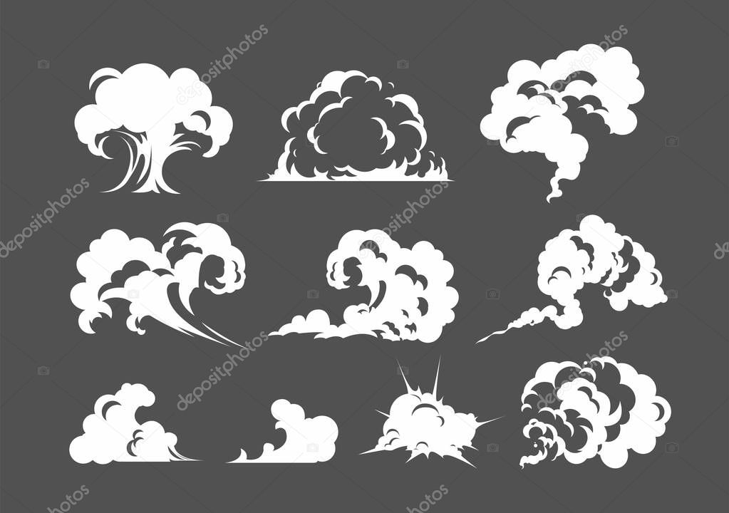 Cartoon smoke cloud. White smoke steam explosion dust fog smog gas blast dust game cartoon, icon. Fog flat isolated clipart for design, effects and advertising posters.