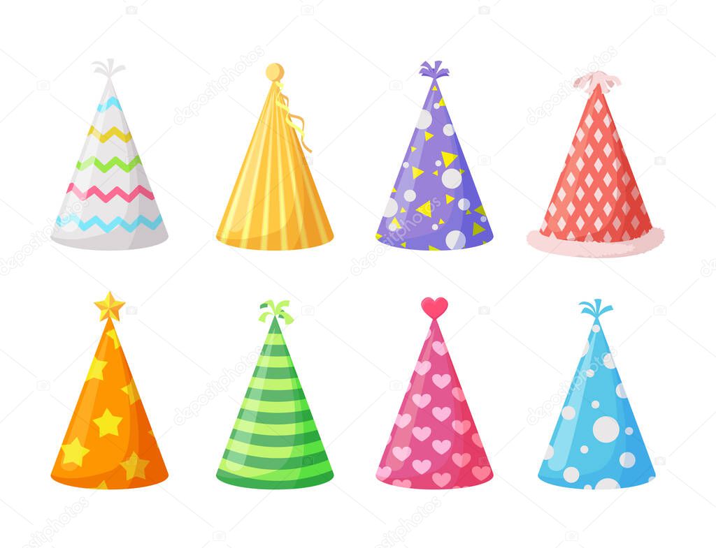 Party caps. Set of colorful cartoon birthday hat cap for celebration party. Vector illustration.