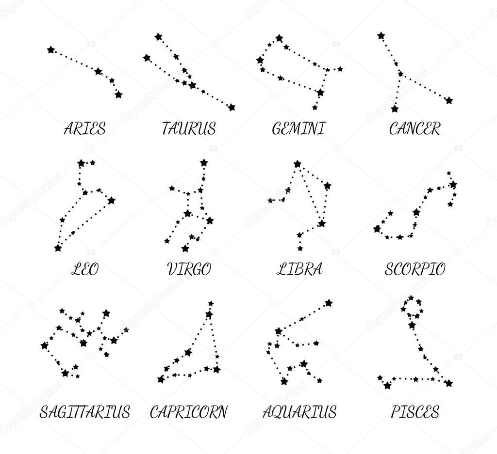 Zodiac constellations. Aries, Taurus, Leo, Gemini, Virgo, Scorpio, Libra, Aquarius Sagittarius Pisces Capricorn Cancer Vector isolated on white background