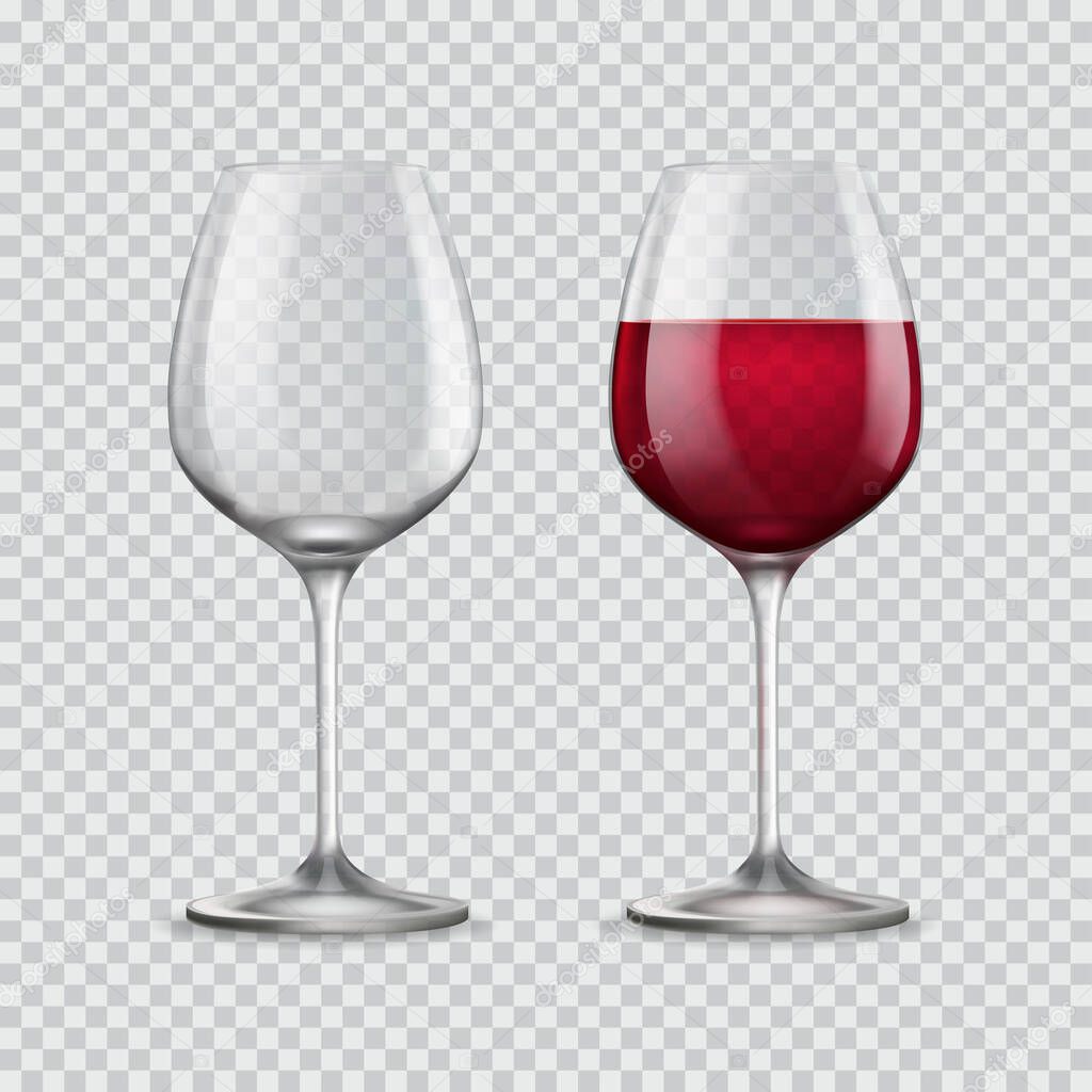 Wine glass. Two glasses empty and with red wine isolated on transparent background. Vector illustration.