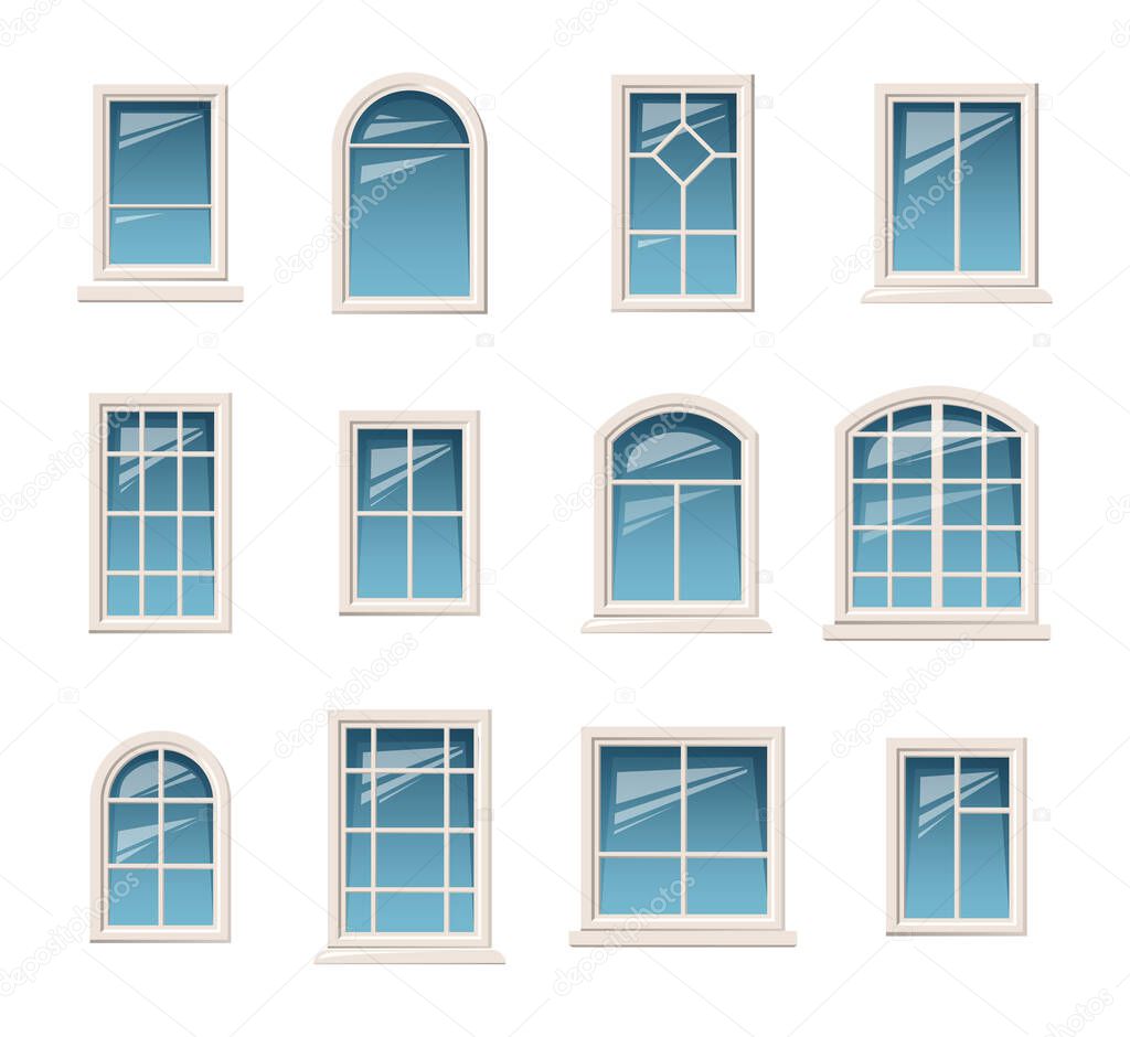 Vector collection of various white windows. Various types plastic windows collection. Interior and exterior elements.