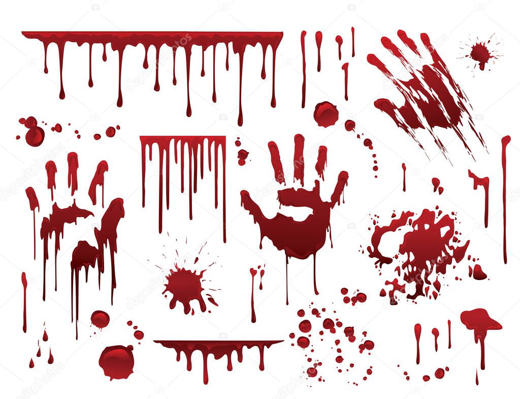 Dripping blood. Halloween bloody splatter spots and bleeding hand traces. Collection various red paint splatter, isolated on white background