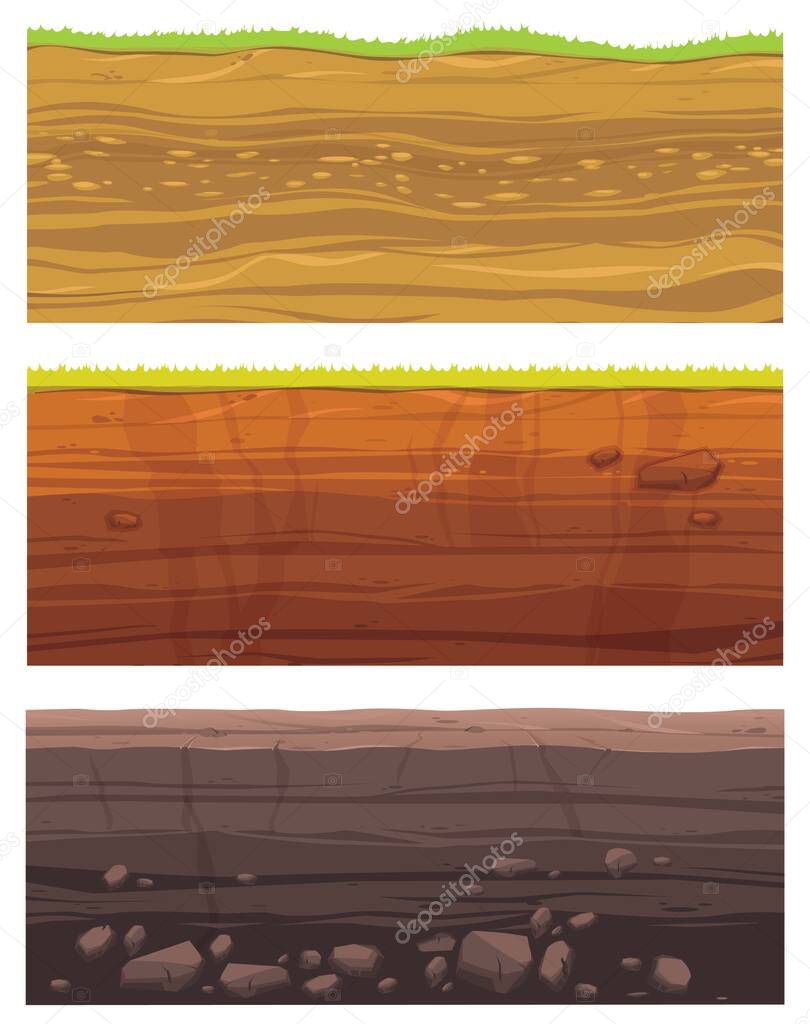 Set of grounds layers. Illustration of cross section of ground with layered dirt clay, ground layer with stones and grass on dirts cliff texture. Archeology landscape cartoon vector