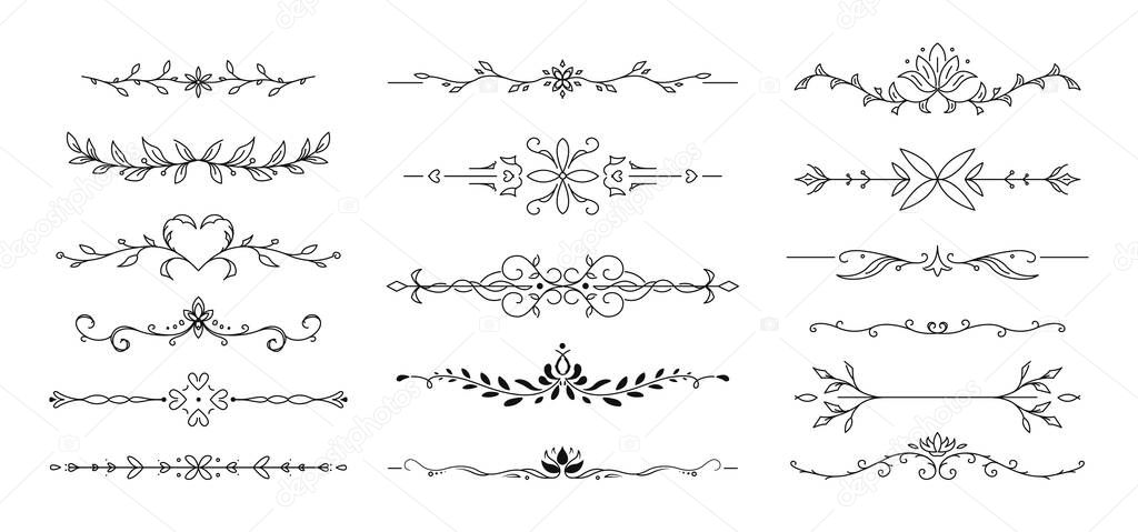 Flower text divider line. Ornamental divider and leaves ornaments. Vector Illustration