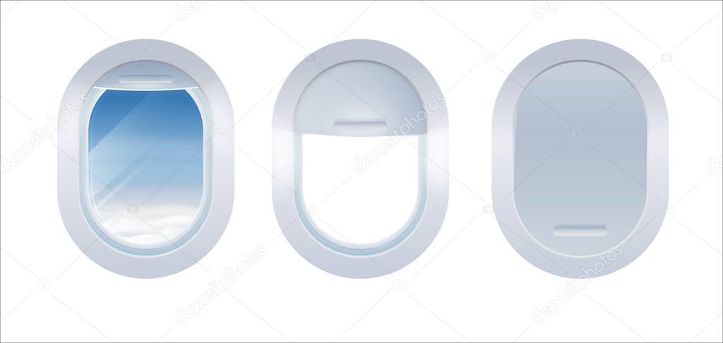 Set of Aircraft windows Isolated on white background. Realistic portholes of airplane from white plastic with open and closed window shades