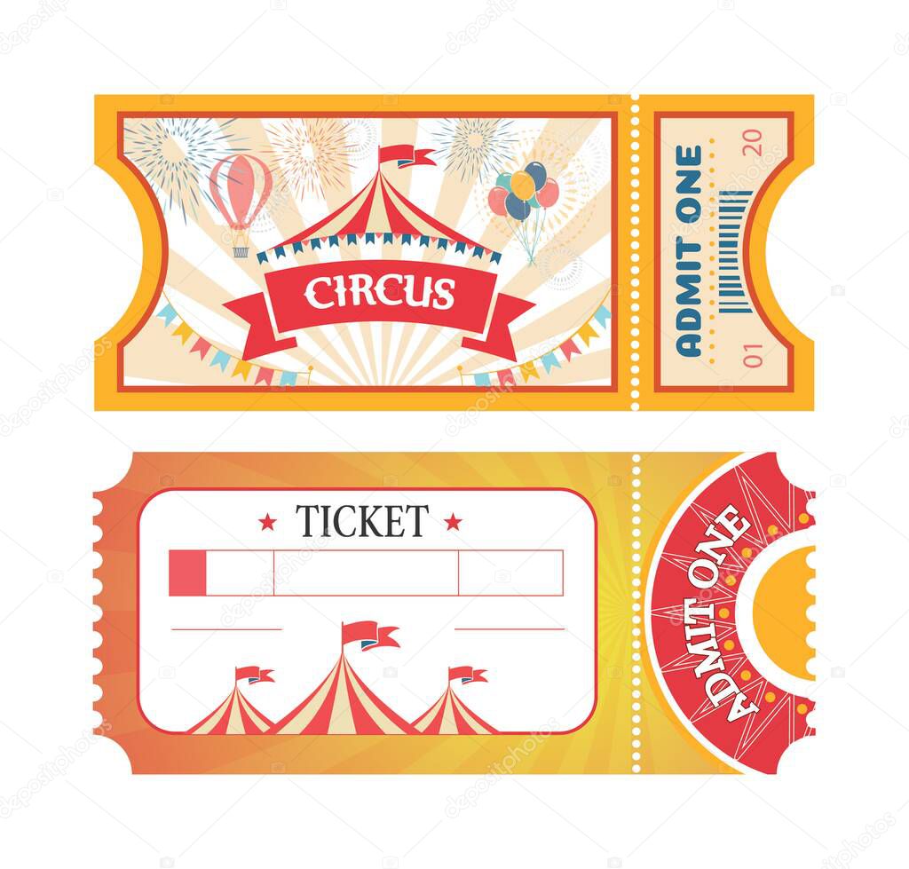 Tickets to Circus or Amusement park printed coupons with flat fairground attraction images. Tickets with red ribbons circus tent and balloons