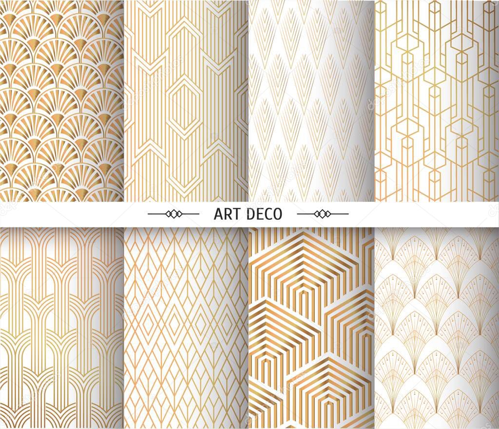 Art deco pattern. Golden vintage geometric arts. Geometrics gold minimal ornaments gatsby elegant abstract patterns set, isolated on white background.