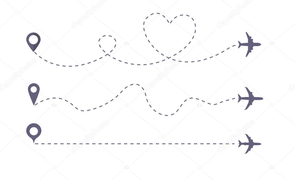 Set of Airplane line path vector icon of air plane flight route. Vector love airplane route.