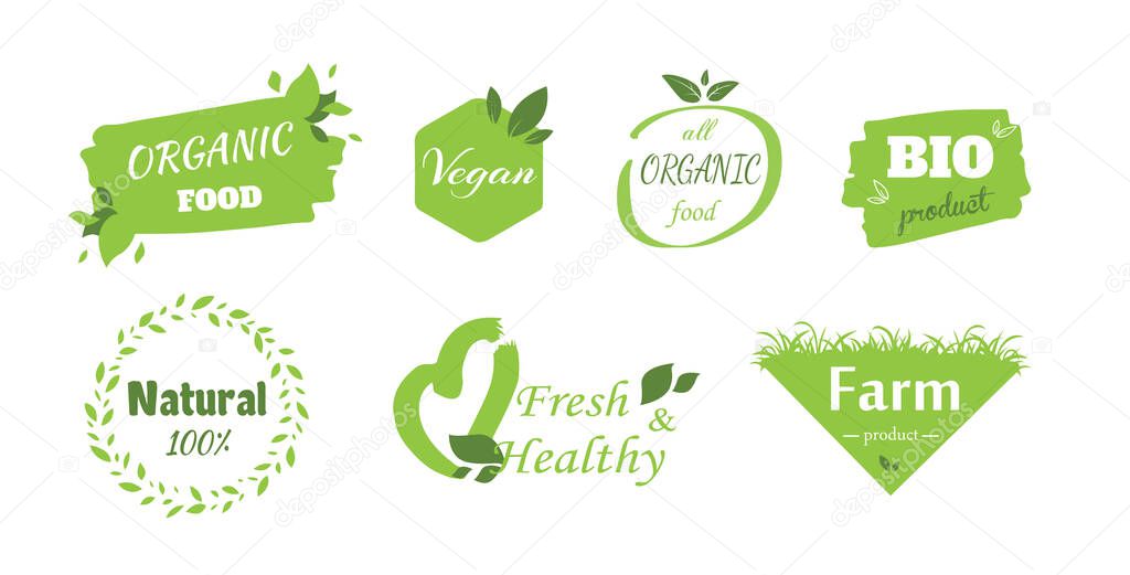 Organic food labels. Fresh eco vegetarian products set of Organic label and natural label green color design. Tag and sticker farm fresh logo. Vector isolated symbols set.