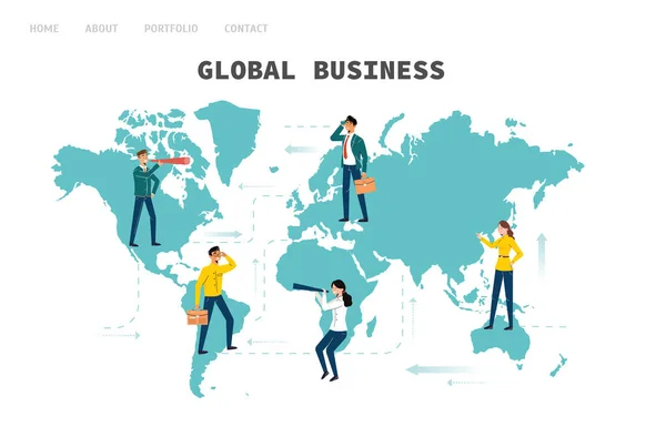 Globalny biznes. Ludzie z różnych krajów poszukują partnerów biznesowych, możliwości ekspansji. — Wektor stockowy