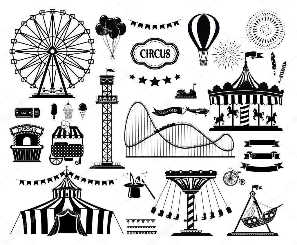 Set of silhouette icons of circus, amusement park. Carnival parks carousel attraction, fun rollercoaster and ferris wheel attractions.