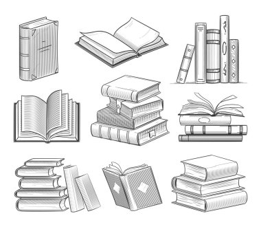 Kitap vektör koleksiyonu. Bir yığın kitap. El çizimi illüstrasyon