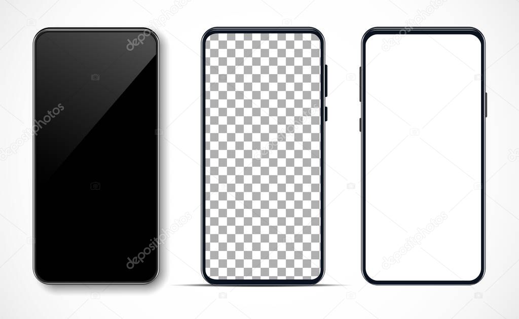 Smartphone mockup set. Blank, white and transparent smartphone screen.
