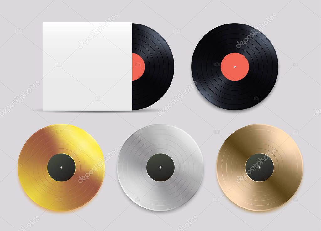 Vinyl records set. Black, gold, silver bronze records vector