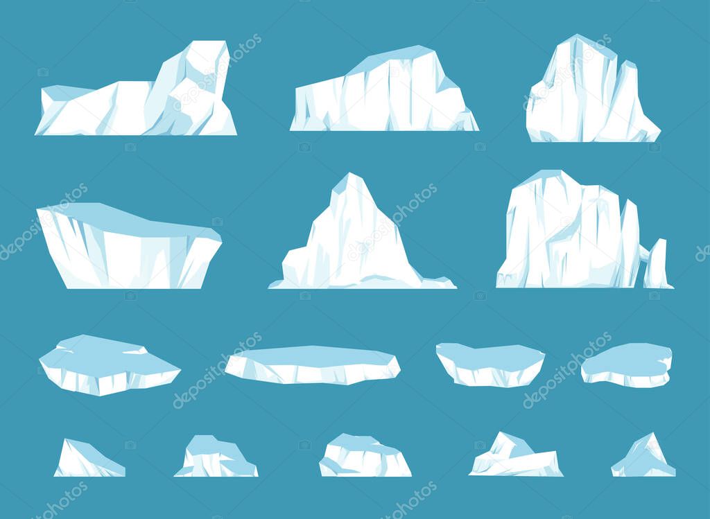 Cartoon floating iceberg set. Ocean ice rocks landscape. Vector