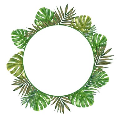 Watercolor tropical leaves wreath. Colorful watercolor frame border with colorful tropical leaves. clipart