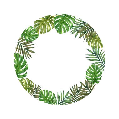 Suluboya tropikal yaprak çelengi. Renkli tropikal yapraklarla suluboya çerçeve kenarı.