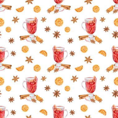 Anason yıldızları, portakallar, tarçın çubukları ve sıcak şaraplı suluboya desenler. Noel arkaplanı.